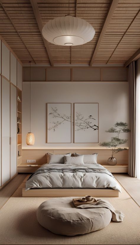 Neutral Tone Wood Floors, Soft Interior Design Bedroom, Wall Japanese Style, Japandi Exterior Paint Colors, Light Japanese Aesthetic, Bedroom Inspirations Modern Simple, Ryokan Interior Japanese Style, Japanese Bedroom Layout, Japan Aesthetic Bedroom Ideas