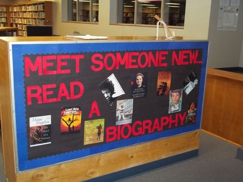 Meet Someone New Read A Biography Library Decoration Idea - MyClassroomIdeas.com | Books ... Library Makeover, Librarian Ideas, Creative Library, School Library Bulletin Boards, Library Poster, Bookstore Ideas, School Library Decor, Library Signage, School Library Displays