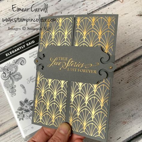 Simply Elegant Gate-Fold Anniversary Card | Simply Elegant Stampin Up Cards, Stampin Up Anniversary Cards, Elegant Birthday Cards, Designer Paper Cards, Anniversary Cards Handmade, Dsp Cards, Gatefold Cards, Fun Folds, Cardmaking Ideas