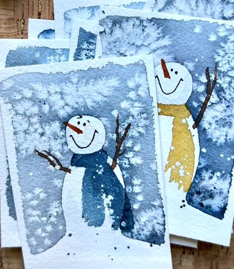 Watercolor Snowmen Christmas Cards, Snowman Watercolor Christmas Cards, Watercolour Snowman, Watercolor Snowmen, Watercolor Snowman, Watercolor Christmas Cards Diy, Winter Art Lesson, Painted Christmas Cards, Xmas Art