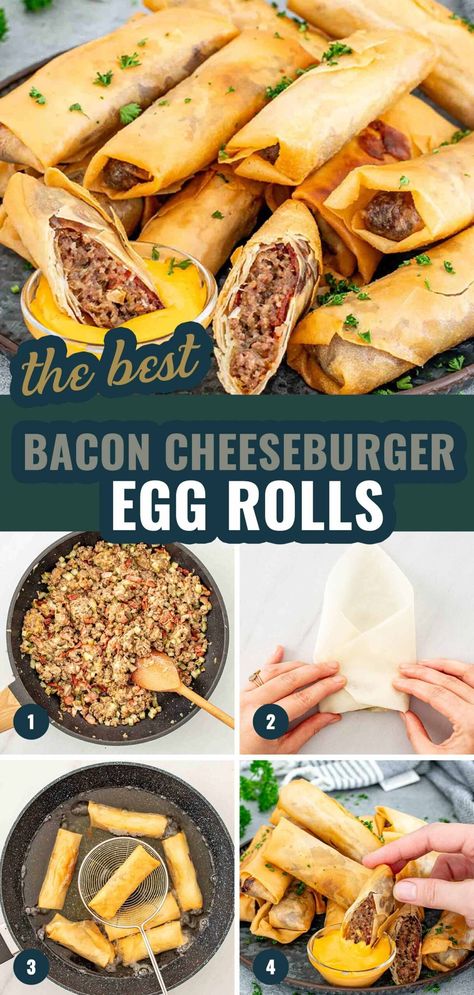 Crispy, cheesy, and irresistibly delicious Bacon Cheeseburger Egg Rolls—get the recipe now and wow your guests at your next gathering! 🍔🥓 #SnackTime #PartyRecipes Bacon Cheeseburger Egg Rolls, Baked Cheeseburger Eggrolls, Hamburger Egg Rolls, Cheeseburger Spring Rolls, Cheeseburger Egg Rolls, Make Bacon, Salad Rolls, How To Make Bacon, Easy Bacon