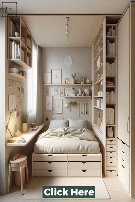 Multi-Functional Furniture for Small Bedroom Spaces Tiny Studio Room Ideas, Storage Ideas Tiny House, Tiny Single Bedroom Ideas, Small Space Storage Ideas Bedroom, Smart Bedroom Storage, Space Maximization Bedroom, Shelves Beside Bed, Small Narrow Bedroom Ideas, Smart Storage For Small Spaces