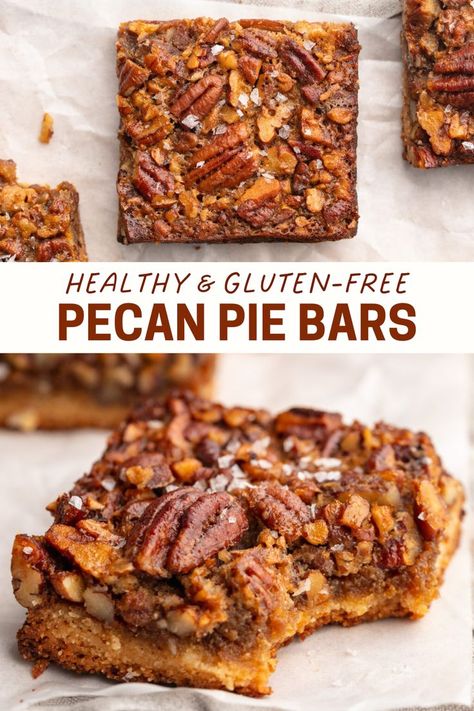 These gluten-free pecan pie bars are the perfect way to enjoy the classic flavors of pecan pie in an easy-to-make, healthier bar form for a healthy dessert or healthy snack when you're craving something sweet. Made with an almond flour shortbread crust, naturally sweetened filling, and crunchy pecans, this recipe is gluten-free, grain-free, dairy-free, and made with just 6 main ingredients! Try this gluten-free dessert for Thanksgiving, Christmas, or just as a fun sweet treat! Gluten Free Pecan Pie Bars, Healthy Pecan Pie Bars, Almond Flour Shortbread, Healthy Pecan Pie, Gluten Free Pecan Pie, Gluten Free Pecan, Frozen Yogurt Bites, Healthy Pies, Pie Bar Recipes