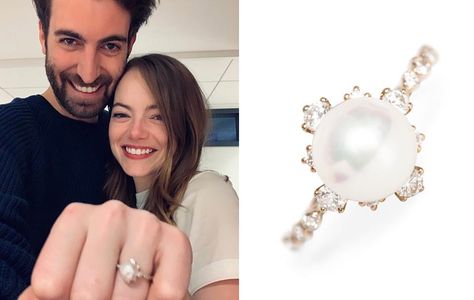 Pearl Rings Vintage Engagement, Celebrities Engagement Rings, Emma Stone Engagement Ring, Engagement Rings Celebrity, Different Stone Engagement Rings, Emma Stone Wedding, Engagement Rings With Pearls, Engagement Ring With Pearls, Diamond And Pearl Engagement Ring