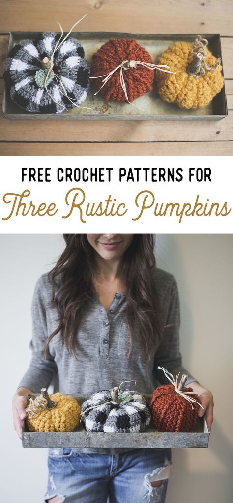 Free Crochet Patterns for THREE Rustic Pumpkins — Megmade with Love Pumpkin Patterns, Crochet Pumpkins, Fall Crochet Patterns, Fall Crochet, Rustic Pumpkin, Fall Patterns, Crochet Fall, Holiday Crochet, Crochet Pumpkin