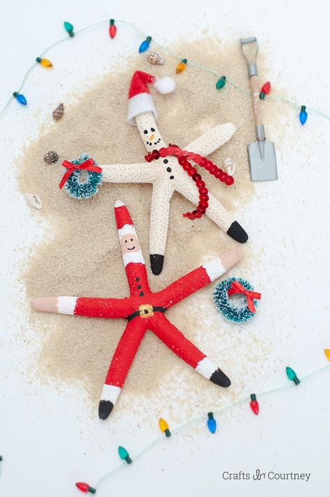 Crafts Middle School, Christmas In July Crafts, Christmas Starfish, Starfish Craft, Snowman Diy, Starfish Art, Seashell Christmas Ornaments, Beach Christmas Decorations, Beachy Christmas