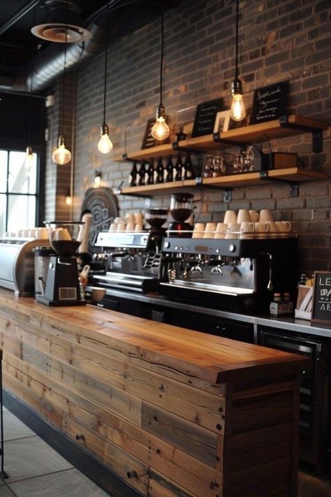 Turn your coffee routine into a daily ritual with these creative coffee bar ideas. #IcedCoffeeInspirations Cafeteria Vintage, Rustic Coffee Shop, Coffee Shop Counter, Vintage Coffee Shops, Bakery Design Interior, Coffee Bar Ideas, Kitchen Lighting Ideas, Cozy Restaurant, Cozy Coffee Shop