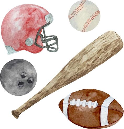 Watercolor sport set with american football helmet, ball and bas American Football Helmet, Sport Set, School Labels, Class Of 2018, Watercolor Bookmarks, Family Weekend, Football Helmet, Sports Balls, Watercolour Tutorials