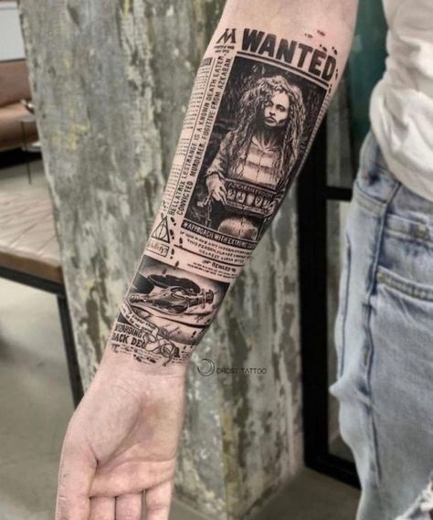 Harry Potter Daily Prophet Tattoo, Black And Grey Harry Potter Tattoos, Daily Prophet Tattoo, Harry Potter Newspaper Tattoo, Newspaper Tattoo Ideas, Newspaper Tattoo, Harry Potter Tattoo Sleeve, Pop Culture Tattoos, Harry Tattoos