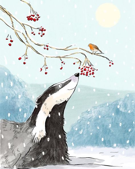 Becca Hall illustration on Instagram: “My second design for this years Christmas cards is this one! A badger and a robin sharing berries on a wintery day! Message inside:…” Hall Illustration, Badger Illustration, Robin Christmas, A Robin, Christmas Card Inspiration, Christmas Card Art, Watercolor Christmas Cards, A Happy New Year, Christmas Card Design