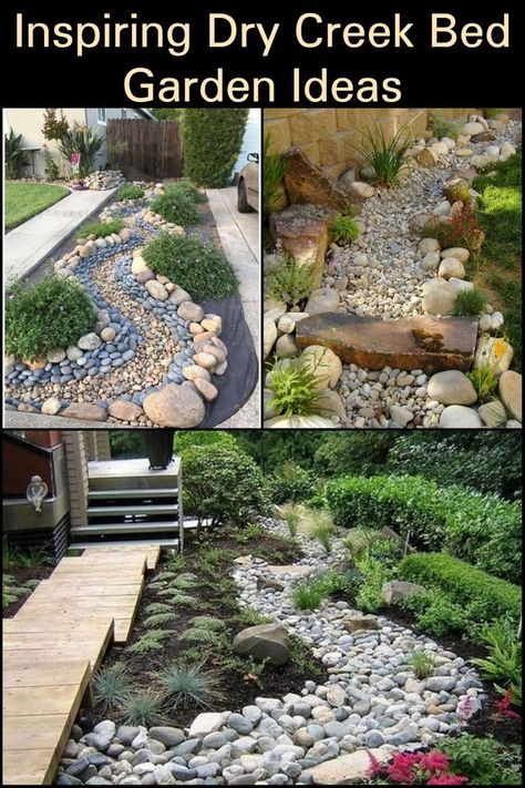 Dry Riverbed Landscaping, Bed Garden Ideas, Dry Stream, Backyard Drainage, Dry Creek Bed, River Rock Landscaping, Rock Garden Design, Creek Bed, Landscaping With Large Rocks