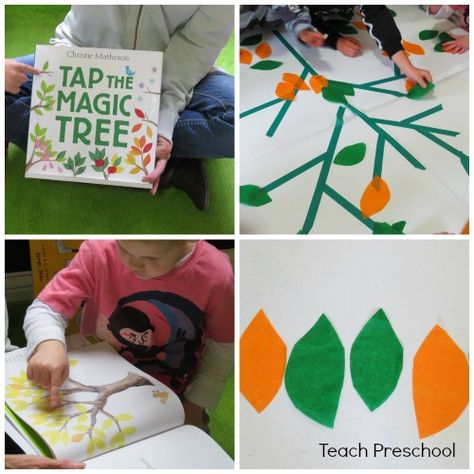 Tapping our own magic table top tree by Teach Preschool Tap The Magic Tree Activities, Book Tapping, Tap The Magic Tree, Kindergarten Library Lessons, Painting A Rainbow, Preschool Apples, Tree Activities, Fine Motor Play, Autumn Preschool Theme