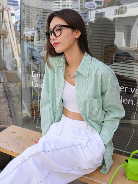 Yellow Striped Shirt Outfit, Green Striped Shirt Outfit, Button Shirt Outfit, Yellow Shirt Outfit, Green Shirt Outfits, Mint Green Outfits, Yellow Button Up Shirt, Outfits With Striped Shirts, Mint Green Shirts