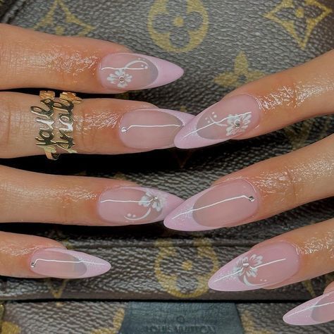 Flower girl's dream nails 🌺 Trendy Nail Art Designs 2023 Summer, Almond Nails With Gems Rhinestones, Formal Nails, Pretty Nail Designs, Classy Acrylic Nails, Almond Acrylic Nails, Soft Nails, White Nail, Nagel Inspo