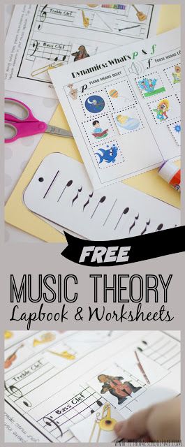 FREE Music Theory Worksheets & Resources - lots of different music worksheet, music lapbook, music history, and other fantastic resources to teach kids about notes, rhythm, dynamics, base clef, treble clef, the orchestra, musical instruments, and so much more! Base Clef, Free Music Theory Worksheets, Preschool Music Activities, Instrument Craft, Music Activities For Kids, Learn Music Theory, Music Theory Worksheets, Homeschool Music, Music Lessons For Kids