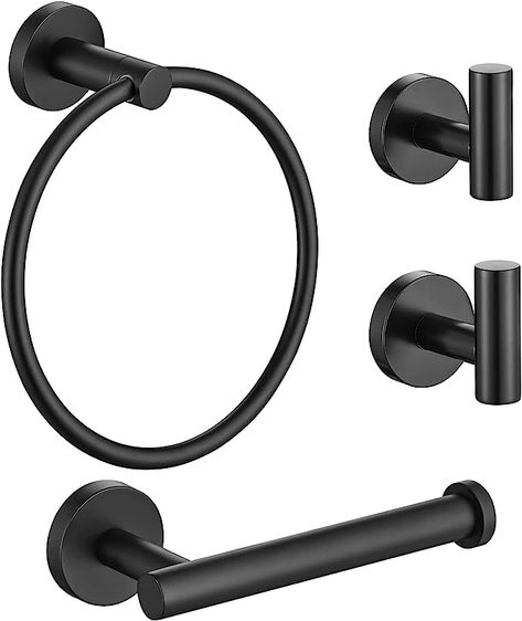 Amazon.com: Lairuier Bathroom Hardware Set, Matte Black Stainless Steel 4-Piece Include Hand Towel Ring Toilet Paper Holder and 2 Robe Towel Hooks， Bathroom Wall Mounted Fixtures，Q1M-P4BK : Tools & Home Improvement Bathroom Towel Ring, Black Toilet Paper Holder, Black Toilet Paper, Hand Towel Ring, Toilet Paper Holder Stand, Bathroom Holder, Bathroom Towel Hooks, Black Bathroom Accessories, Wall Mounted Towel Rack