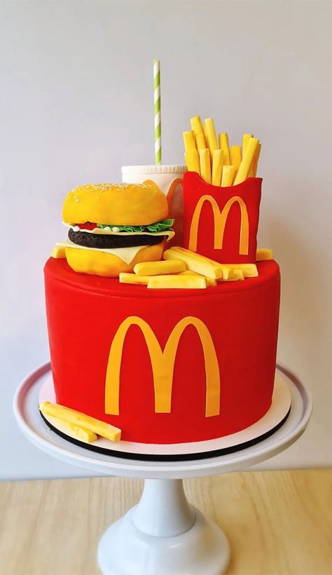 McDonalds cake, mcdonald's cake ideas, mcdonalds birthday cake, mcdonald's birthday cake uk, mcdonald's birthday cake design, mcdonalds inspired birthday cake, mcdonald's birthday cake 80s, McDonalds burger cake, McDonalds theme birthday cake Burger Cake Birthday, Mc Donald Cake, Mcdonalds Cake, 80s Mcdonalds, Mcdonalds Burger, Fluffy Buttercream Frosting, Burger Cake, Birthday Cake Design, Edible Flowers Cake