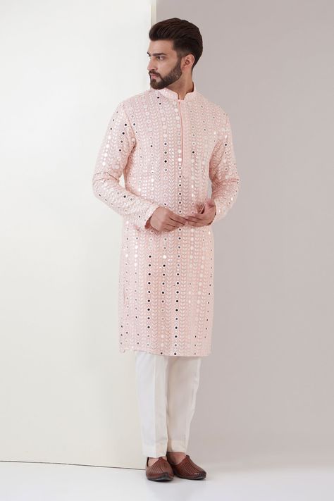 Buy Pink Georgette Embroidered Mirror Kurta And Pant Set For Men by Kasbah Online at Aza Fashions. Mirror Work Kurta For Men, Mirror Work Kurta, Kurta For Men, Mirror Embroidery, Kurta Men, Anita Dongre, Tarun Tahiliani, Pink Mirror, Manish