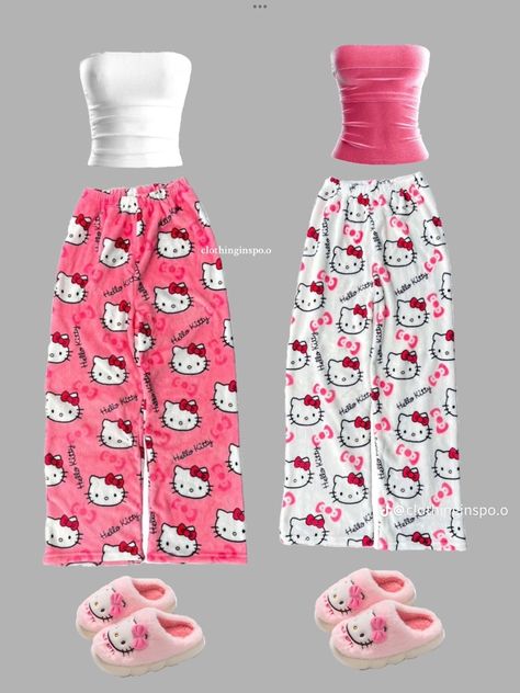 Hello Kitty Matching Clothes, Baddie Pajamas Outfits, Wonzies Pajamas Cute, Hello Kitty Pjs Outfit, Where To Buy Pajamas, Matching Pajamas For Best Friends, Best Friend Matching Clothes, Hello Kitty Pj Pants Outfit, Hello Kitty Baddie Outfits