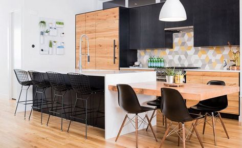 Kitchen Island Table Combo, Kitchen Island Dining Table, Black Kitchen Island, Herringbone Backsplash, Kitchen Island Table, Modern Kitchen Island, Kitchen Island With Seating, Kitchen Design Trends, Island With Seating