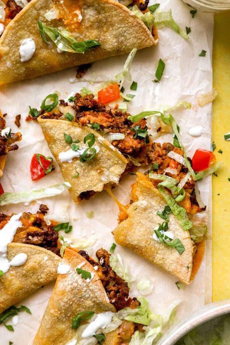 Oven Baked Taco Shells, Baked Beef Tacos, Refried Beans And Cheese, Shell Recipes, Taco Recipes Ground Beef, Oven Baked Tacos, Oven Tacos, Beans And Cheese, Fried Tacos