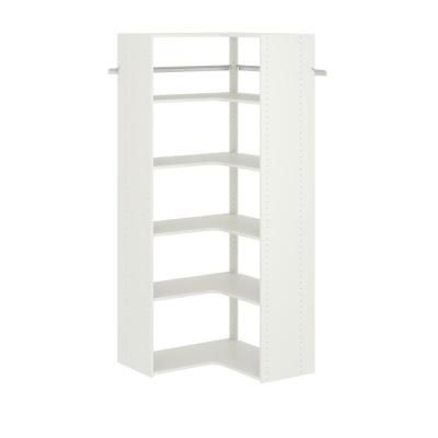 30 in. W White Corner Wood Closet System White Wood Closet, Corner Closet Organizer, Closet Evolution, Wood Closet Organizers, Wood Closet Systems, Corner Closet, Wood Closet, Storage Solutions Closet, Closet Kits