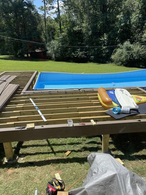 Image of the pool deck with the fascia installed. Coleman Pool, Oval Pool, Intex Pool, Deck Steps, Above Ground Pool Landscaping, Above Ground Pool Decks, Building A Raised Garden, Rectangular Pool, Deck Builders