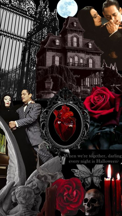 Morticia and Gómez #addamsfamily #morticiaaddams #moon #halloween #roses Home Sweet Hell, Halloween Roses, Halloween Pin Up, Gomez And Morticia, Carolyn Jones, Moon Halloween, Morticia Addams, Drawing Wallpaper, Halloween Pins