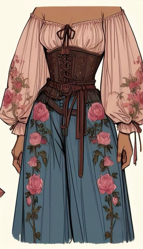 Art Clothes Design, Fairytale Outfits Casual, Bard Outfit Female, Dnd Clothing Design, Character Clothing Ideas, Renfaire Outfit, Ren Faire Outfits, Fair Outfits, Ren Fair