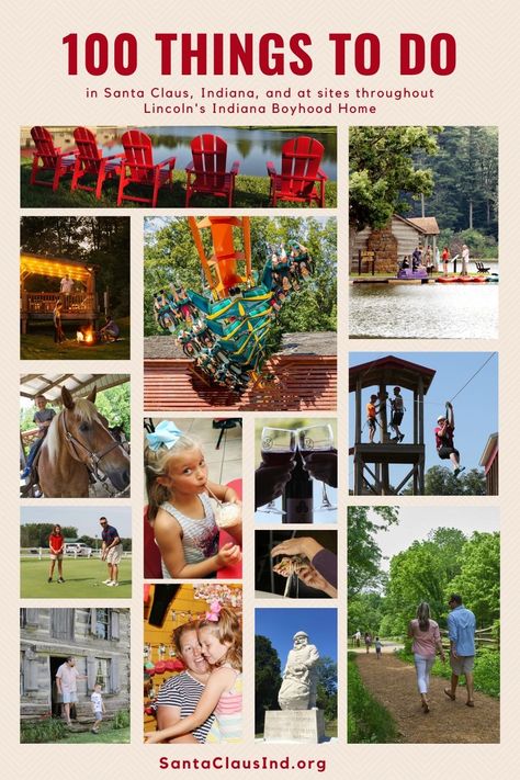 Here are 100 things to do in Santa Claus, Indiana, and at sites throughout Lincoln’s Indiana Boyhood Home! How many can you cross off your list this summer? Santa Claus Indiana Things To Do, Holiday World Indiana, Santa Claus Indiana, San Francisco Tours, Great American Road Trip, Holiday World, Indiana Travel, East Coast Travel, Chicago Tours