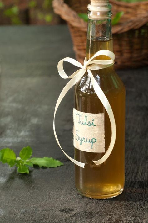 Tulsi Syrup Recipe - Indian Holy Basil Herbal Tea Garden, Basil Recipes, Cider Recipe, Recipe Indian, Herbal Tinctures, Holy Basil, Infused Oils, Syrup Recipe, In Season Produce