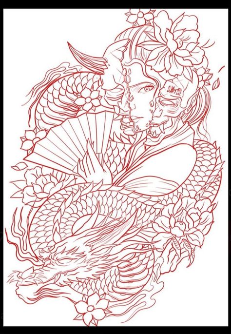 Geisha With Dragon Tattoo, Dragon Geisha Tattoo, Japanese Dragon Tattoo Designs, Dragon Tattoo Stencil, Japanese Dragon Drawing, Dragon Tattoo Art, Samurai Tattoo Design, Japanese Dragon Tattoo, Geisha Tattoo