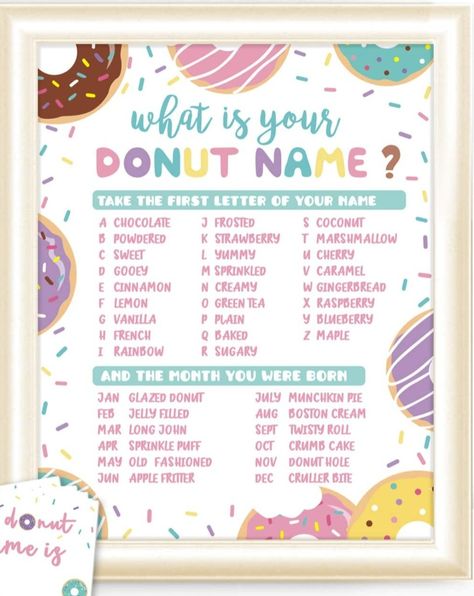 Fourever Sweet, Donut Names, Funny Name Generator, Wind Club, French Crullers, Doughnut Party, Funny Nicknames, Maple Bars, Donut Birthday Parties