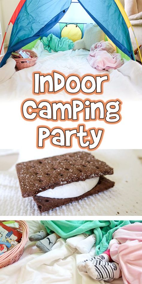 Camping Inside With Kids, Inside Camping Ideas For Kids, Kids Indoor Camping Ideas, Camping Indoors Kids, Living Room Campout Kids, Camping Birthday Games, Indoor Camping Activities, Indoor Camping Ideas For Kids, Virtual Sleepover