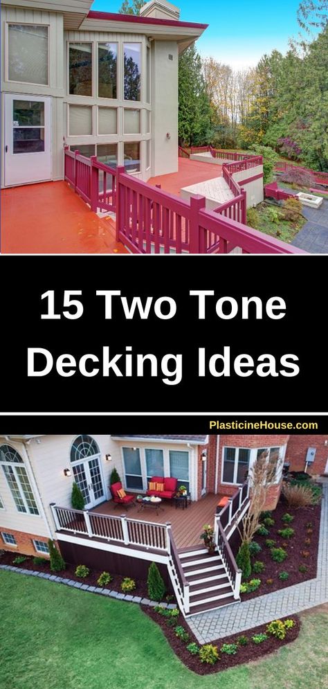 Transform your outdoor space with these stunning two-tone decking ideas! From classic black and white to bold blue and yellow, discover how to create a unique and stylish look for your deck. Get inspired and start planning your next DIY project today. #deckingideas #twotonedesign #outdoorliving Two Tone Deck Color Ideas Paint, Deck And Railing Color Ideas, Deck Paint Colors Ideas, Two Toned Deck, Two Tone Deck Color Ideas, Painted Decks Colors Ideas, Two Tone Deck Stain Ideas, Deck Colors Ideas Paint, 2 Level Deck Ideas