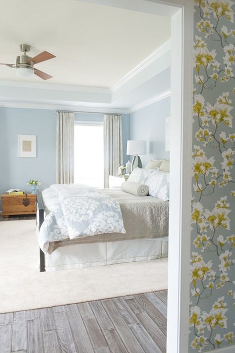 Happy Blue White Wash Wood Floors, Aqua Bedroom, Blue Scheme, Blue Bedroom Colors, Light Blue Bedroom, Modern Paint Colors, Floral Wallpaper Bedroom, Best Bedroom Colors, White Bedspreads