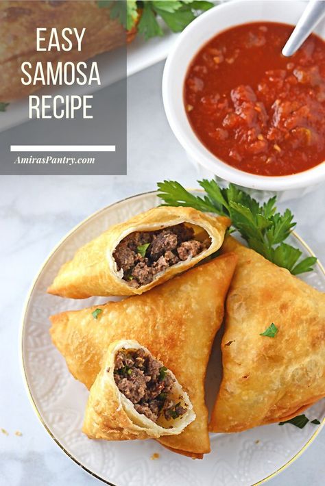 Easy Arabic samosa recipe made with tortilla. These samosas made with three different fillings beef, chicken and cheese mix for you to choose from. Great as a party appetizer, snack or even emergency dinner.  #amiraspantry #samosarecipe #meatsamosa #arabicsamosa #middleeasternfood #partyappetizers #snackideas #kidsfood Sambusa Recipe, Beef Samosa Recipe, Meat Samosa, Chicken Samosa Recipes, Beef Samosa, Easy Samosa Recipes, Chicken And Cheese, Samosa Recipe, Party Appetizer