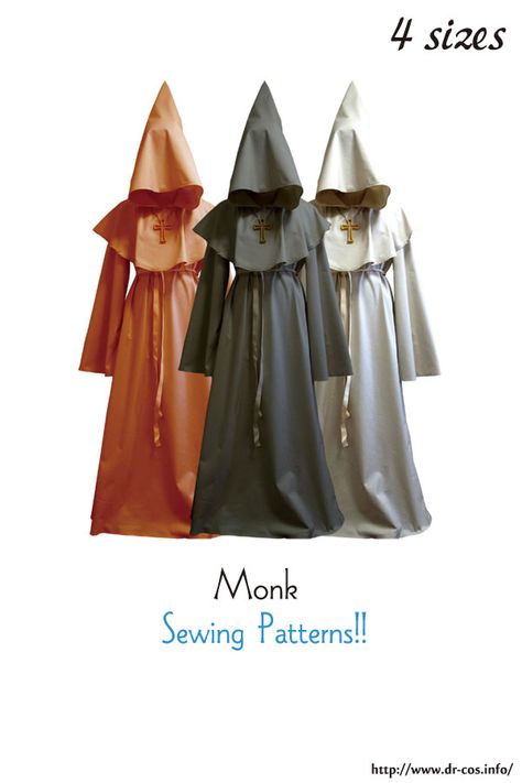 Monk Robe Pattern, Wizard Cloak Pattern, Simple Cloak Sewing Pattern, Free Costume Sewing Patterns, Medieval Monk Robe, Remaking Clothes, Medieval Overdress Pattern, Free Halloween Costumes, Sew Clothing