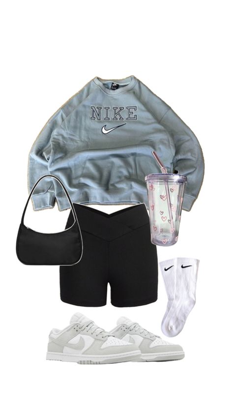 Fall | Nike | Outfit | Inspo | Crewneck | Biker Shorts | Fun Cup | Nike Shoes | Nike Socks | Fall Outfit | Aesthetic Fall Outfit Aesthetic, Crewneck Outfit, Outfit Shorts, Nike Outfit, Biker Shorts Outfit, Nike Socks, Fun Cup, Outfit Aesthetic, Nike Outfits