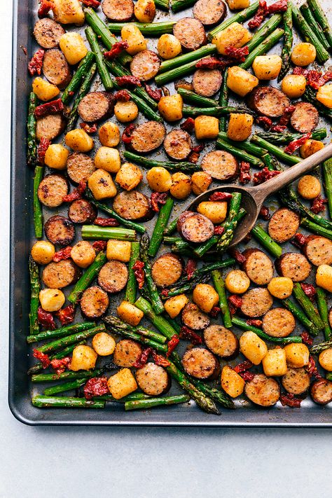 {One Pan} Sausage Pesto & Veggies | Chelsea's Messy Apron Chicken Sundried Tomatoes, Weekly Meal Prep Healthy, Pesto Asparagus, One Pan Sausage, Healthy Roasted Vegetables, Asparagus Chicken, Meatloaf Dinner, Chelsea's Messy Apron, Sausage Dishes