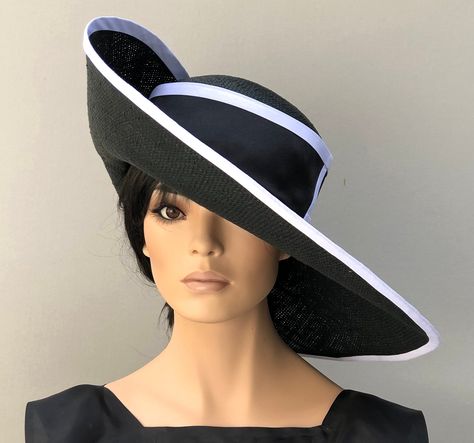 Kentucky Derby Hat, Women's Derby Hat, Ladies Formal Wide Brim Hat, Women's Black and White hat, elegant hat Wedding Hats For Guests, Kentucky Derby Style, Elegant Hat, Formal Hat, Black And White Hats, Dressy Hats, Custom Made Hats, Royal Ascot Hats, Navy Hat