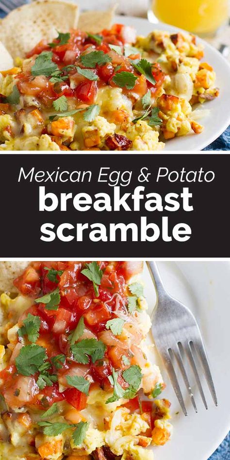 This Breakfast Scramble is the perfect savory breakfast - scrambled eggs are combined with sweet potatoes, salsa, cheese and tortilla chips in this Mexican inspired breakfast. Eggs And Salsa Breakfast, Egg And Salsa Breakfast, Eggs Salsa Breakfast, Scrambled Eggs With Salsa, Mexican Breakfast Scramble, Sweet Potato Scrambled Eggs, Kosher Mexican Food, Sweet Potato Breakfast Scramble, Scrambled Eggs With Potatoes