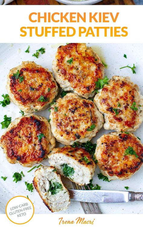 Stuffed Chicken Kiev Patties (Low-Carb, Keto, Gluten-Free Recipe) Chicken Rissoles, Parsley Butter, Cooking Avocado, Lamb Stew Recipes, Chicken Kiev, Salads To Go, Sauerkraut Recipes, Garlic Herb Butter, Lamb Stew