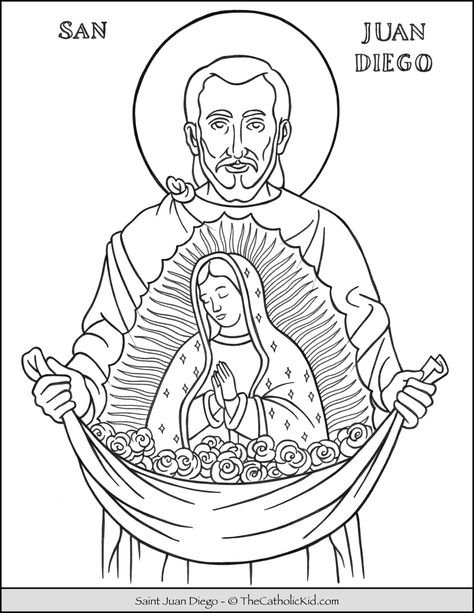 Saint Jaun Diego Coloring Page - TheCatholicKid.com Immaculate Conception Coloring Page, Our Lady Of Guadalupe Coloring Page, Saint Coloring Pages Free Printable, Saint Coloring Pages, St Juan Diego, Mexican Folk Art Decor, Saint Coloring, Fathers Day Coloring Page, Juan Diego