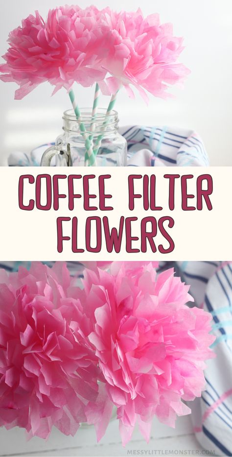 Coffee filter flowers craft for kids. Easy paper flowers craft idea for Spring. Coffee Filter Flowers Diy, Spring Flower Crafts, Flower Projects, Coffee Filter Crafts, Coffee Filter Flowers, Flowers Craft, Fleurs Diy, Folding Origami, Easy Paper Flowers