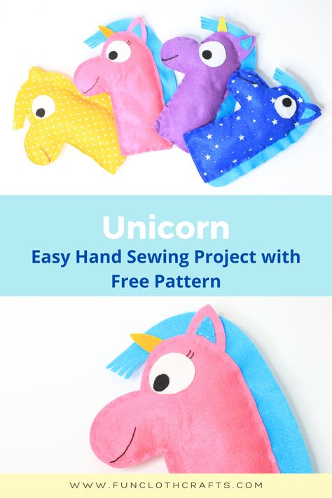 Unicorn - Easy Hand Sewing Project with Free Pattern | Four colourful felt unicorns and horses Unicorn Crafts For Kids, Unicorn Craft, Felt Finger Puppets, Felt Crafts Patterns, Hand Sewing Projects, Softie Pattern, Felt Crafts Diy, Pink Felt, Free Sewing Pattern