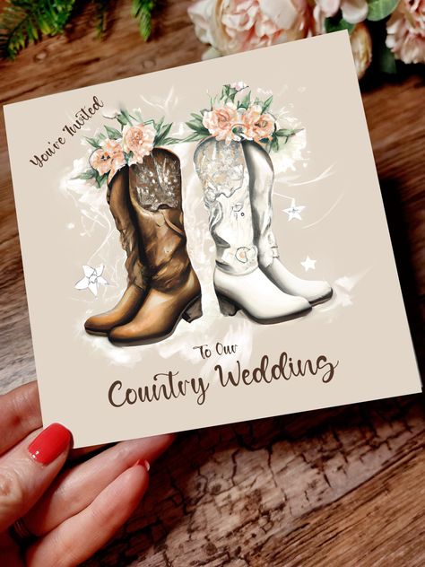 country western themed wedding invites, cowboy boots, flowers, neutral colours. personalised and printed with your information. Cowboy Weddings, Wedding Invitations Country, Country Wedding Invites, Cowboy Theme Wedding, Country Wedding Theme, Country Weddings, Country Wedding Ideas, Country Themed Wedding Invitations, Western Wedding Invitations