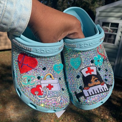 Medical Custom Bling Crocs Womens Size 9 Hand Place Stones. Water Resistant Ready To Ship. Medical Crocs Shoes, Bling Crocs Shoes, Croc Decor Ideas, Decorated Crocs, Crocs Business, Croc Business, Bedazzling Things, Customized Crocs Shoes, Bedazzled Ideas