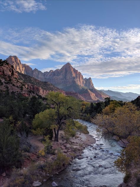 Zion National Park Sunset Mountains River Trees Mountain Streams, Biblical Paintings, Relaxing Nature, Relaxing Sounds, Background Nature, Music Background, Mountain Stream, Mountain River, Music Backgrounds