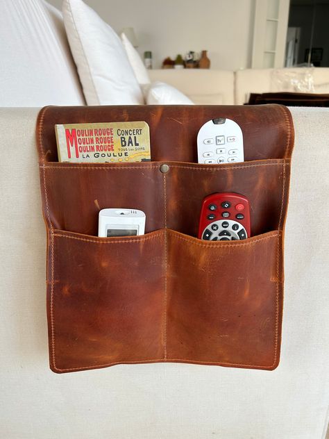 Leather Sofa Armrest Organizer, Handmade Couch & Sofa Caddy with 4 Pockets for Phone, Book, Mini Magazines, Mini Tablets, Remote Controls Sofa Armrest, Mini Magazine, Cafe Seating, Mini Tablet, Office Lounge, Chic Spaces, Handcrafted Accessories, Organization Boxes, Couch Sofa